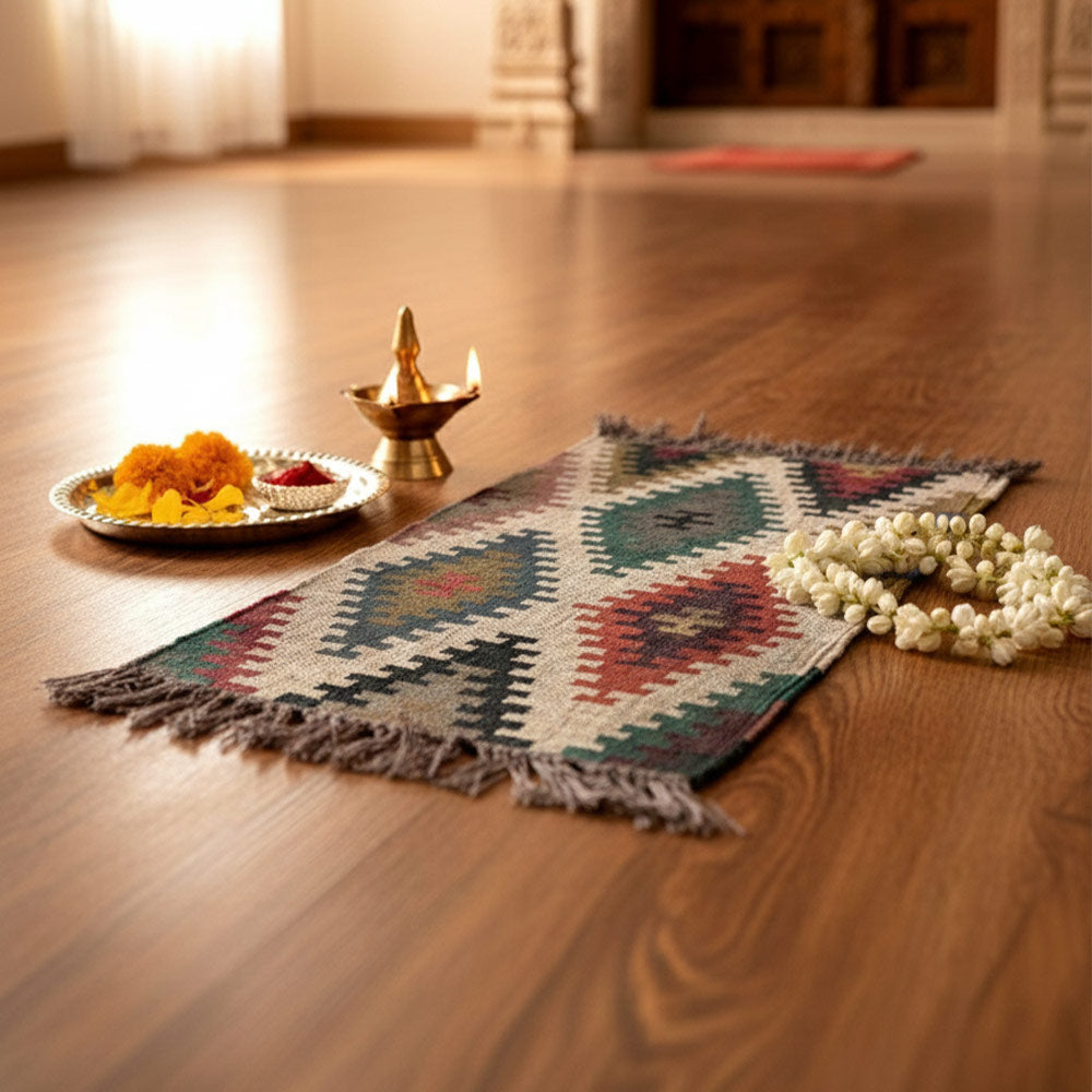 Handwoven Jute Puja Aasan Multicolor with Geometric Pattern