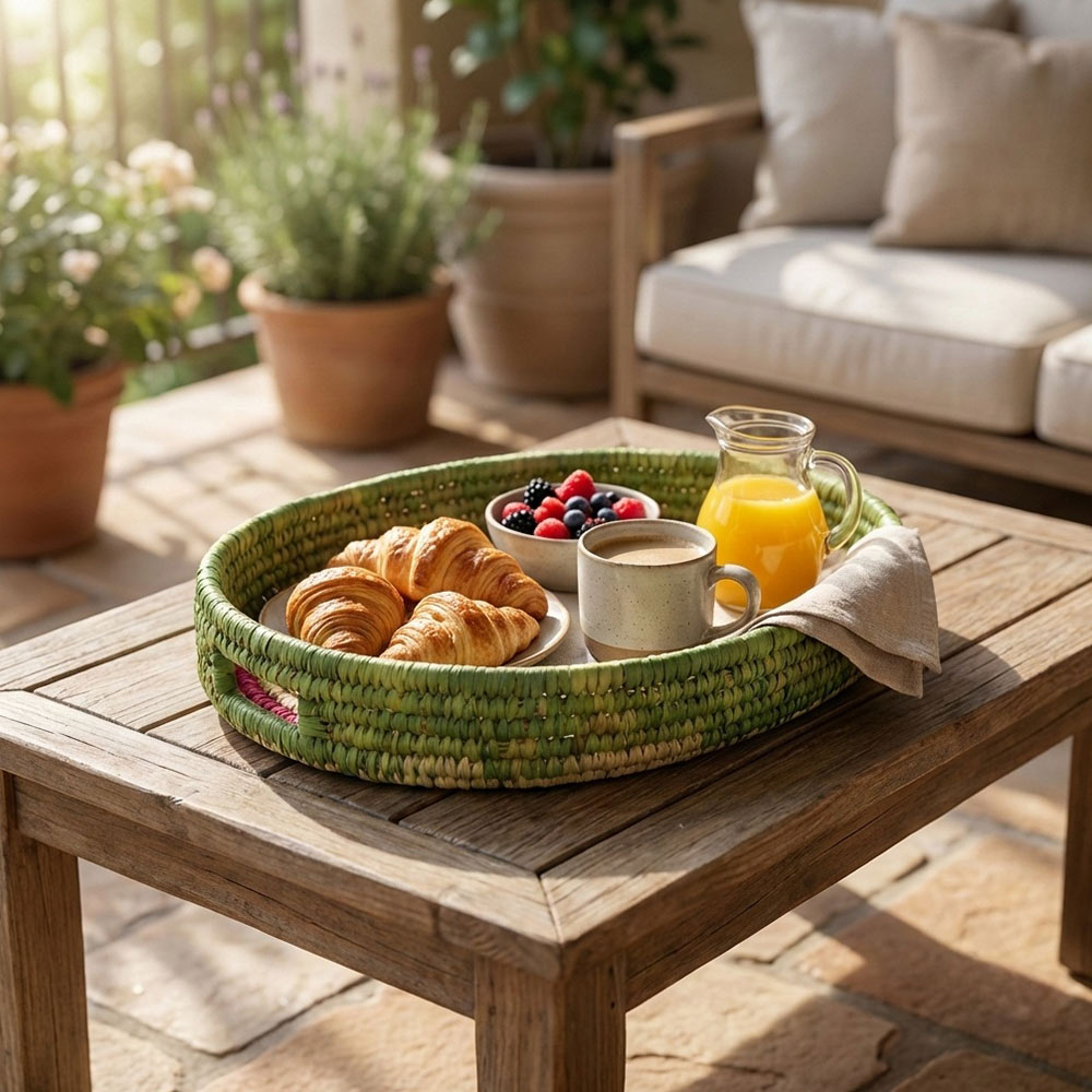 Handcrafted Kashi Grass Round Serving Tray