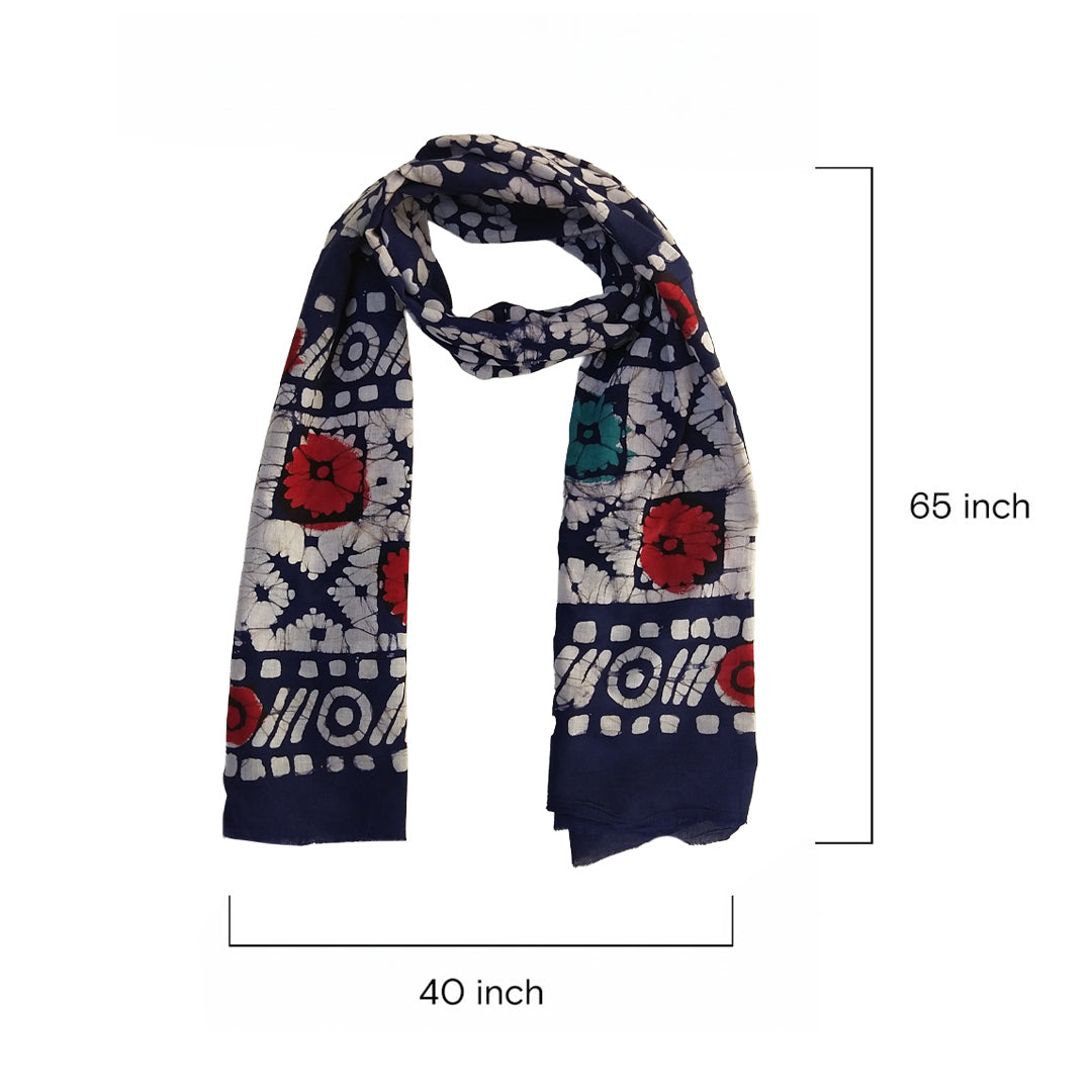 Navy Red White Cotton Block Print Floral & Geometric Scarf