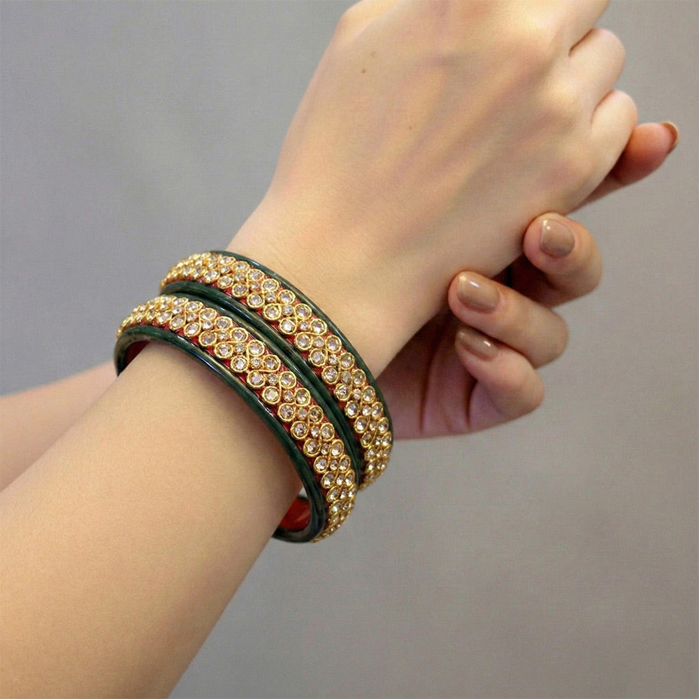 Traditional Green & Red Kundan Stone Bangle Set - Madhues