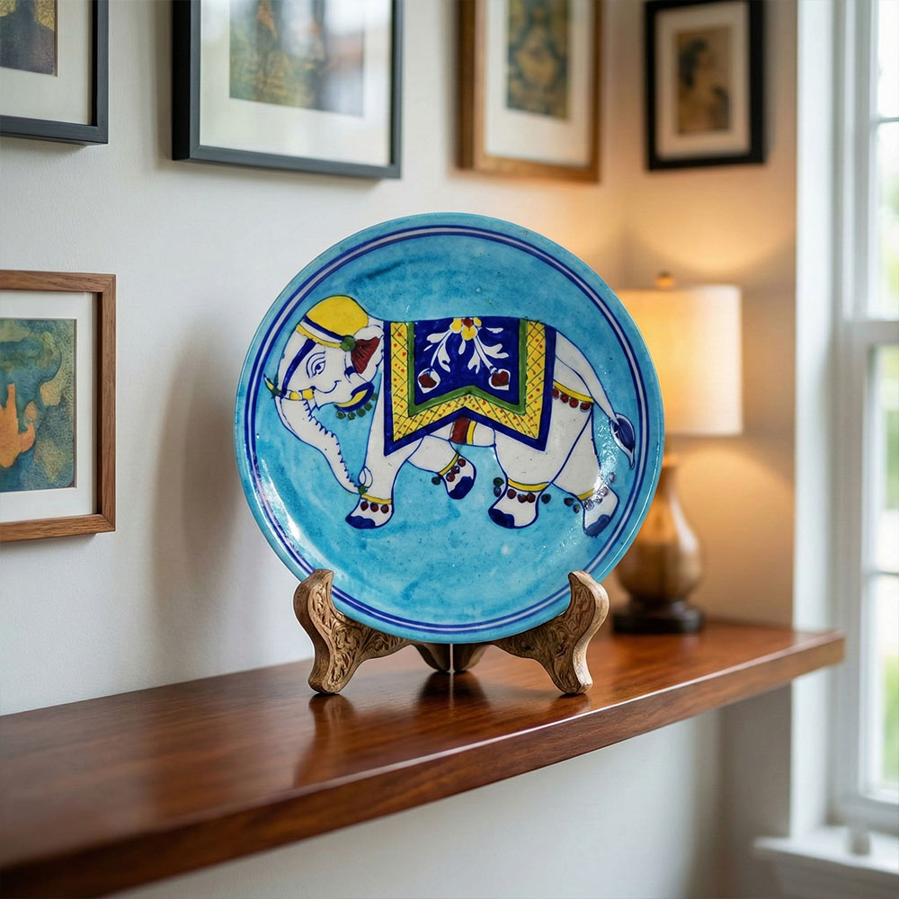 Royal Elephant Blue Pottery Display Plate