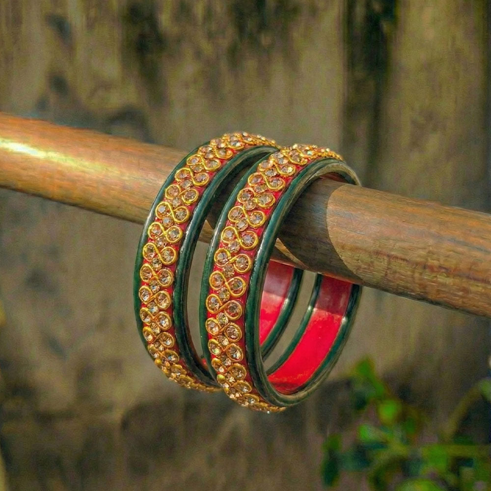 Traditional Green & Red Kundan Stone Bangle Set - Madhues