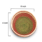 Woven basket with dimensions labeled on a white background