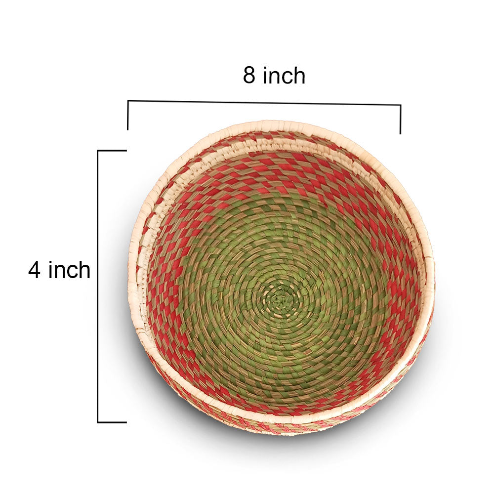 Woven basket with dimensions labeled on a white background