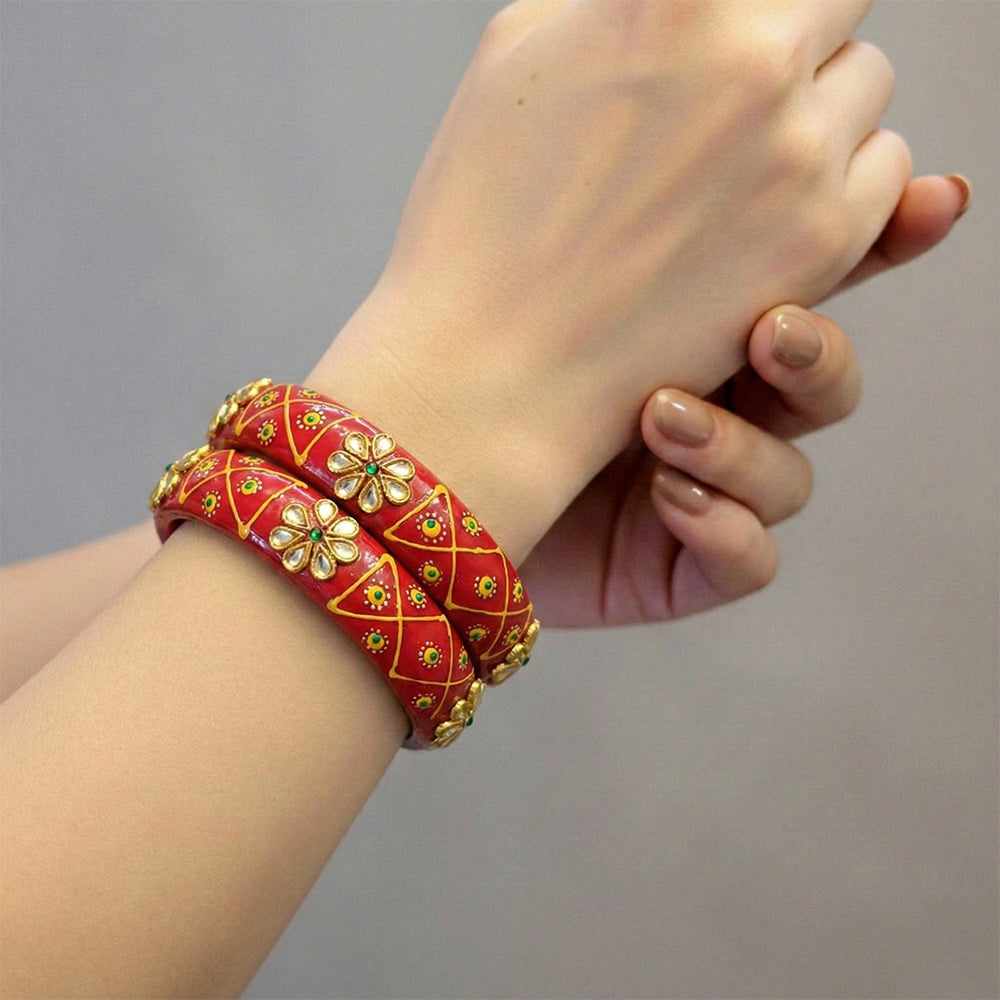 Handcrafted Red Lac Bangles with Kundan Floral Design - Madhues
