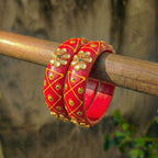 Handcrafted Red Lac Bangles with Kundan Floral Design - Madhues