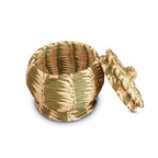 Woven basket with a lid on a white background