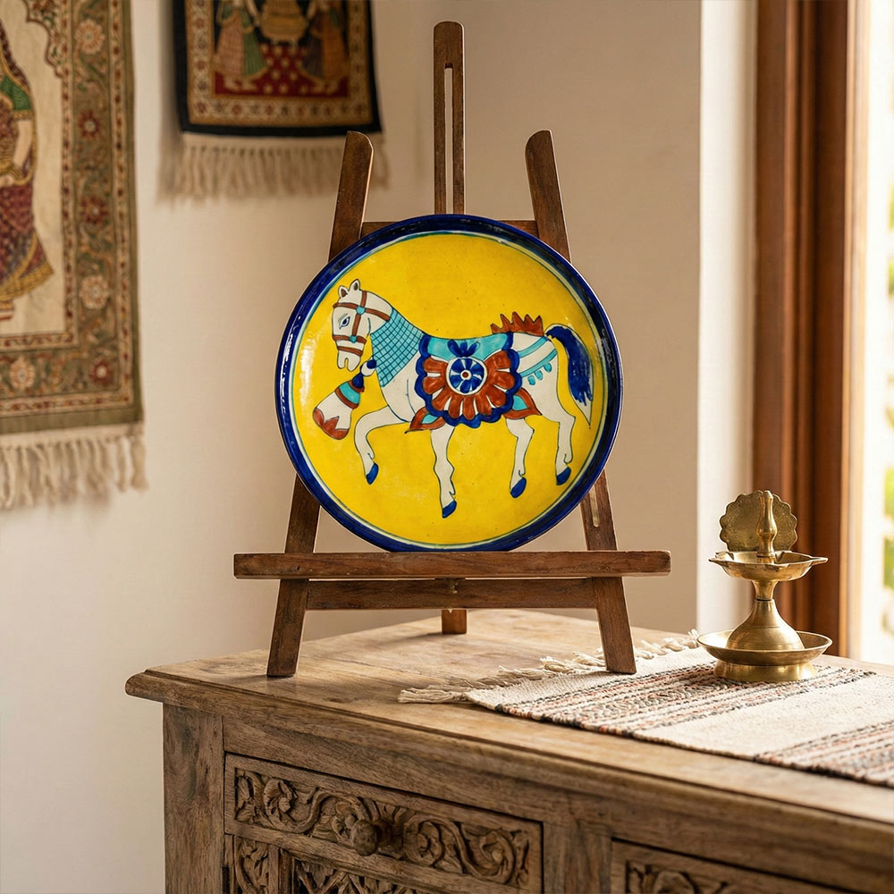 Rajasthani War Horse Blue Pottery Plate