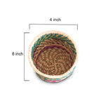 Woven basket with dimensions labeled on a white background