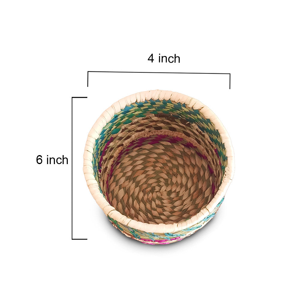 Woven basket with dimensions labeled on a white background