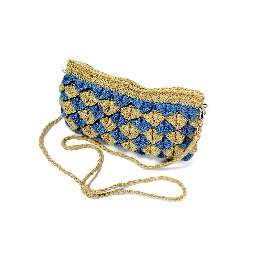 Handmade Jute Crochet Crossbody Bag - Blue & Natural Pattern