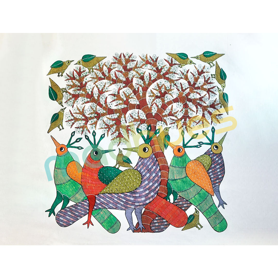 Gond Tribal Art: Colorful Birds & Tree of Life on Paper