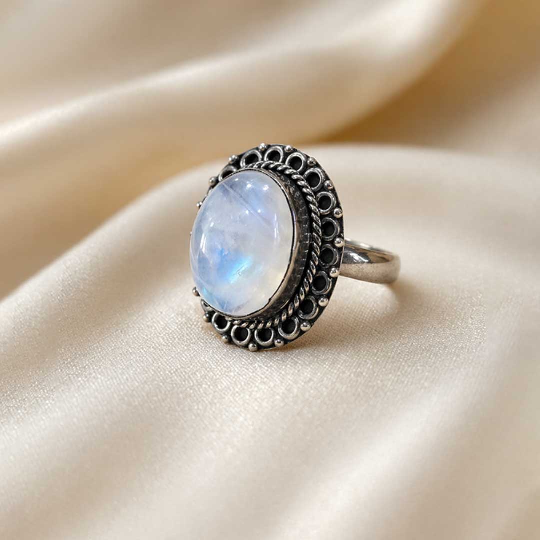 Handcrafted Moonstone Statement Ring with Ornate Silver Detailing