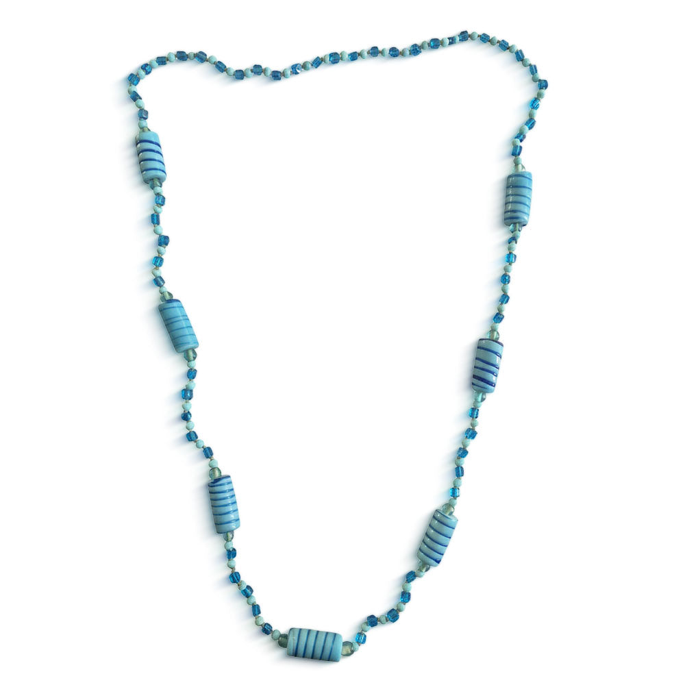 Blue beaded necklace on a white background