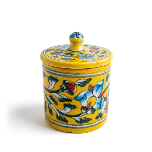 Artisanal Yellow & Blue Floral Blue Pottery Jar with Lid Set of 3