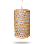 Woven rattan pendant light on a white background