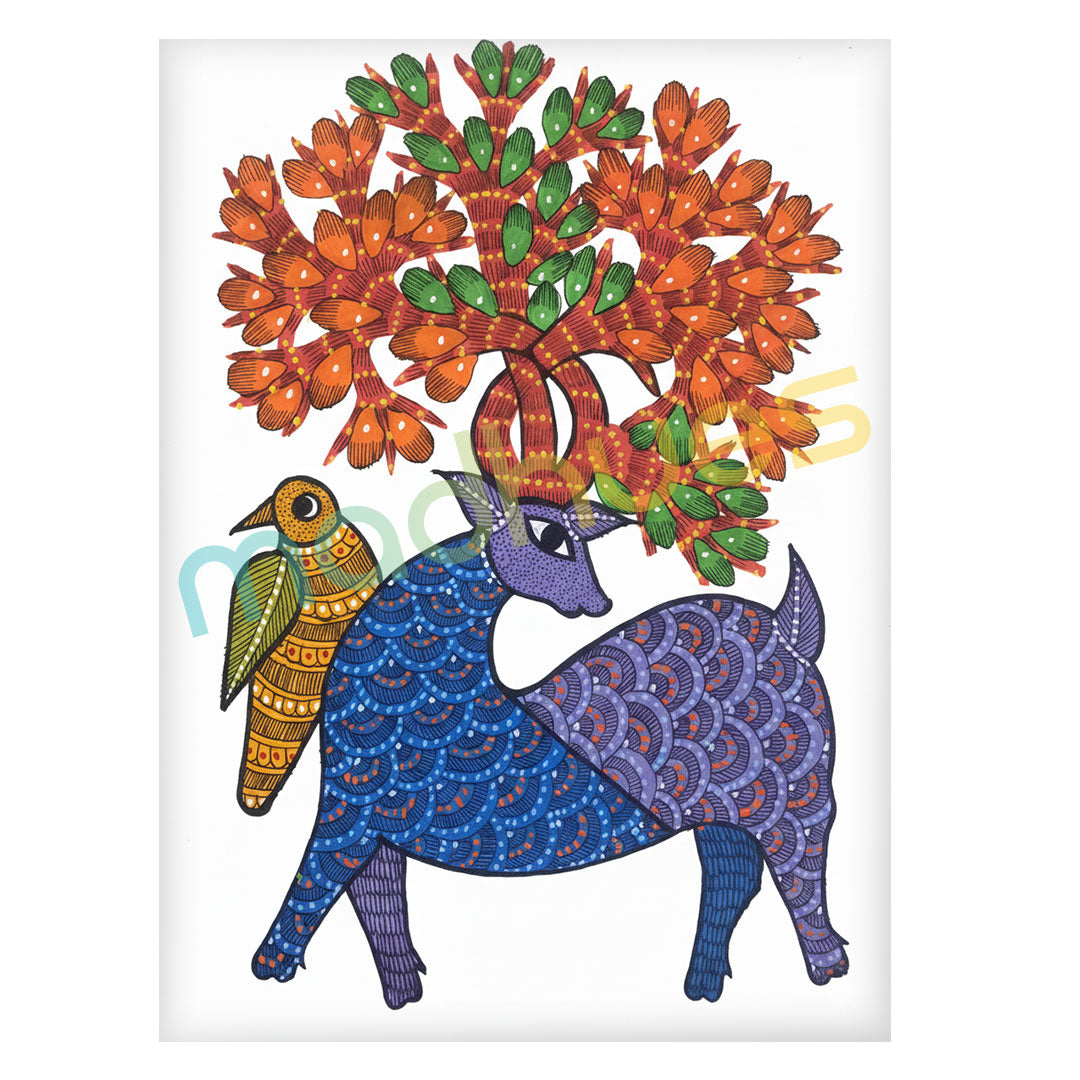 Hand-Painted Gond Art: Mythical Deer and Bird Paper Print