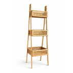 Wooden tiered shelf with three baskets on a white background
