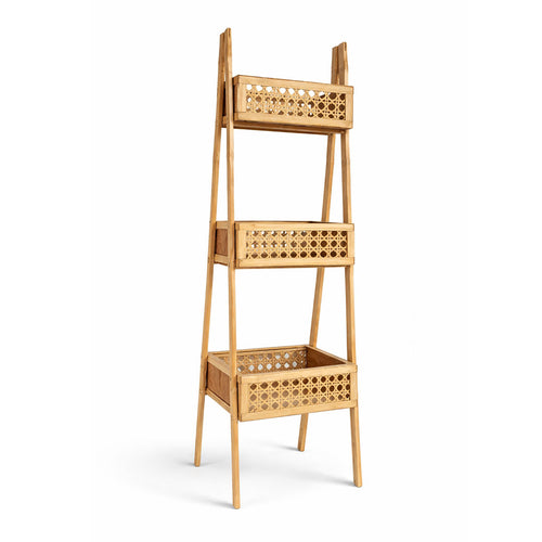 3-Tier Bamboo and Rattan Ladder Shelf Storage Unit