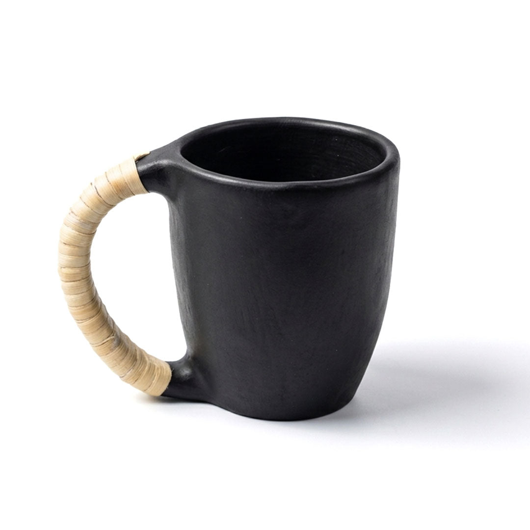 Longpi Black Pottery Mug with Cane-Wrapped Handle