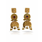 Pair of golden earrings with colorful gemstones on a white background