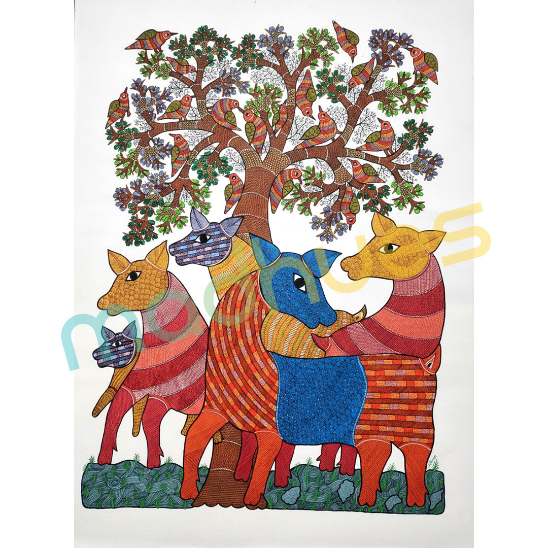 Traditional Gond Art Painting on Paper - Deer and Birds Theme