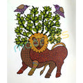 Lion and Tree Gond Art Painting - Handmade Folk Art on Paper