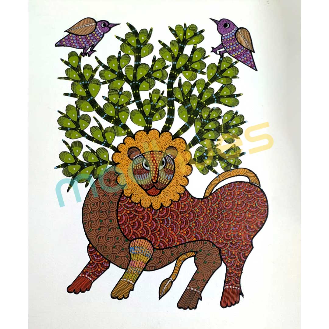 Lion and Tree Gond Art Painting - Handmade Folk Art on Paper
