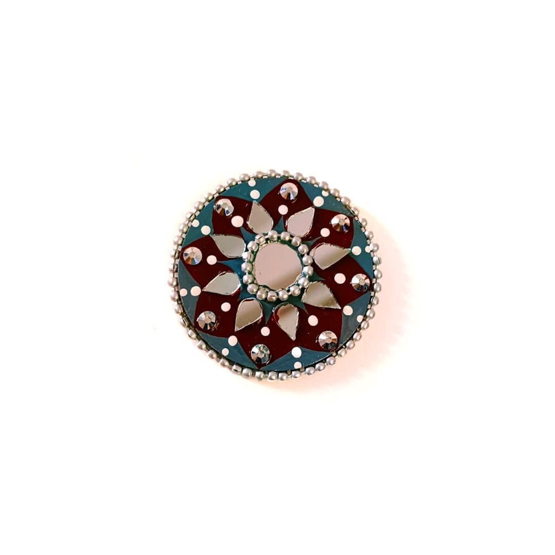Maroon & Teal Hand-Painted Adjustable Mirror Work Ring - Image 1