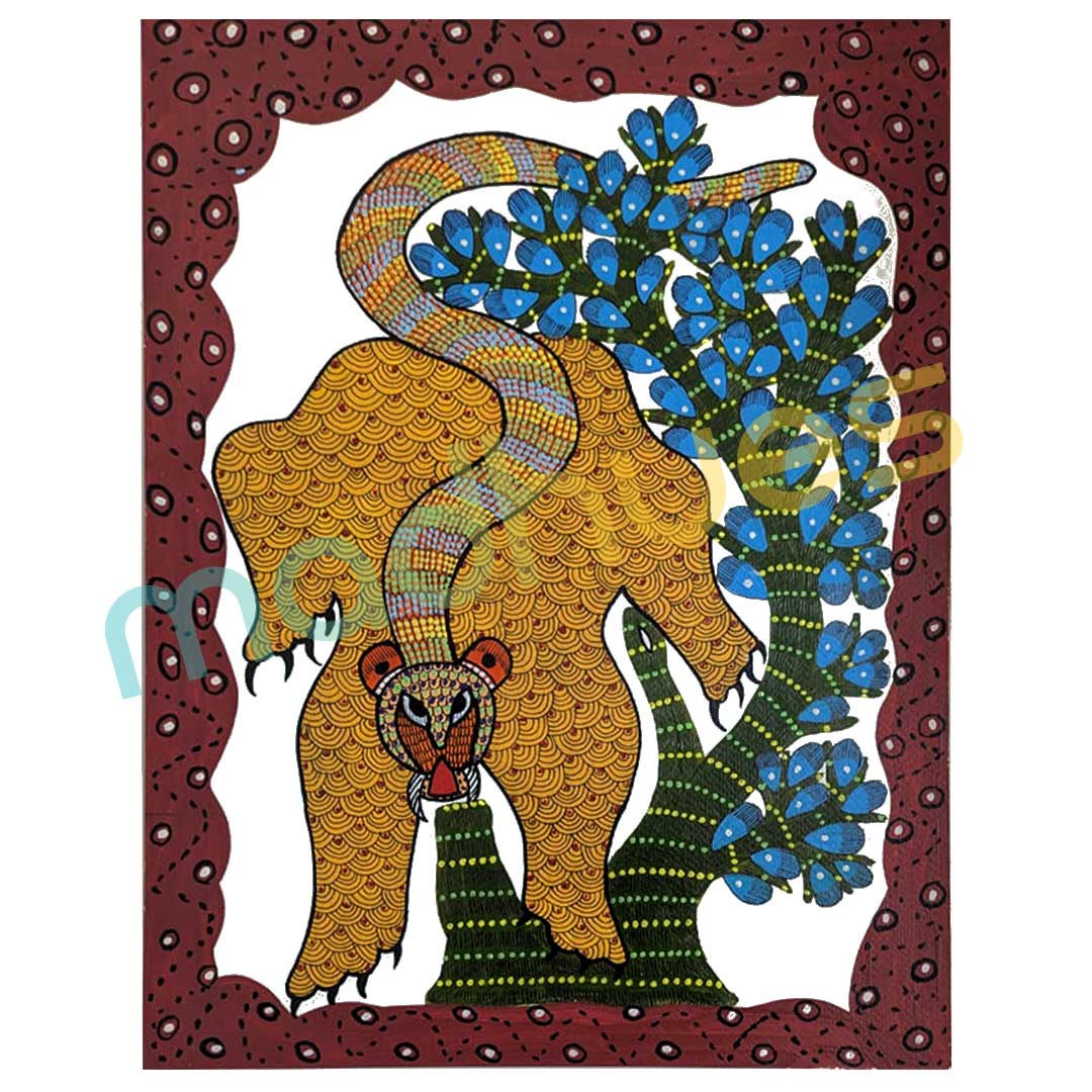 Tiger in the Wild Gond Art Hand-painted Paper Painting