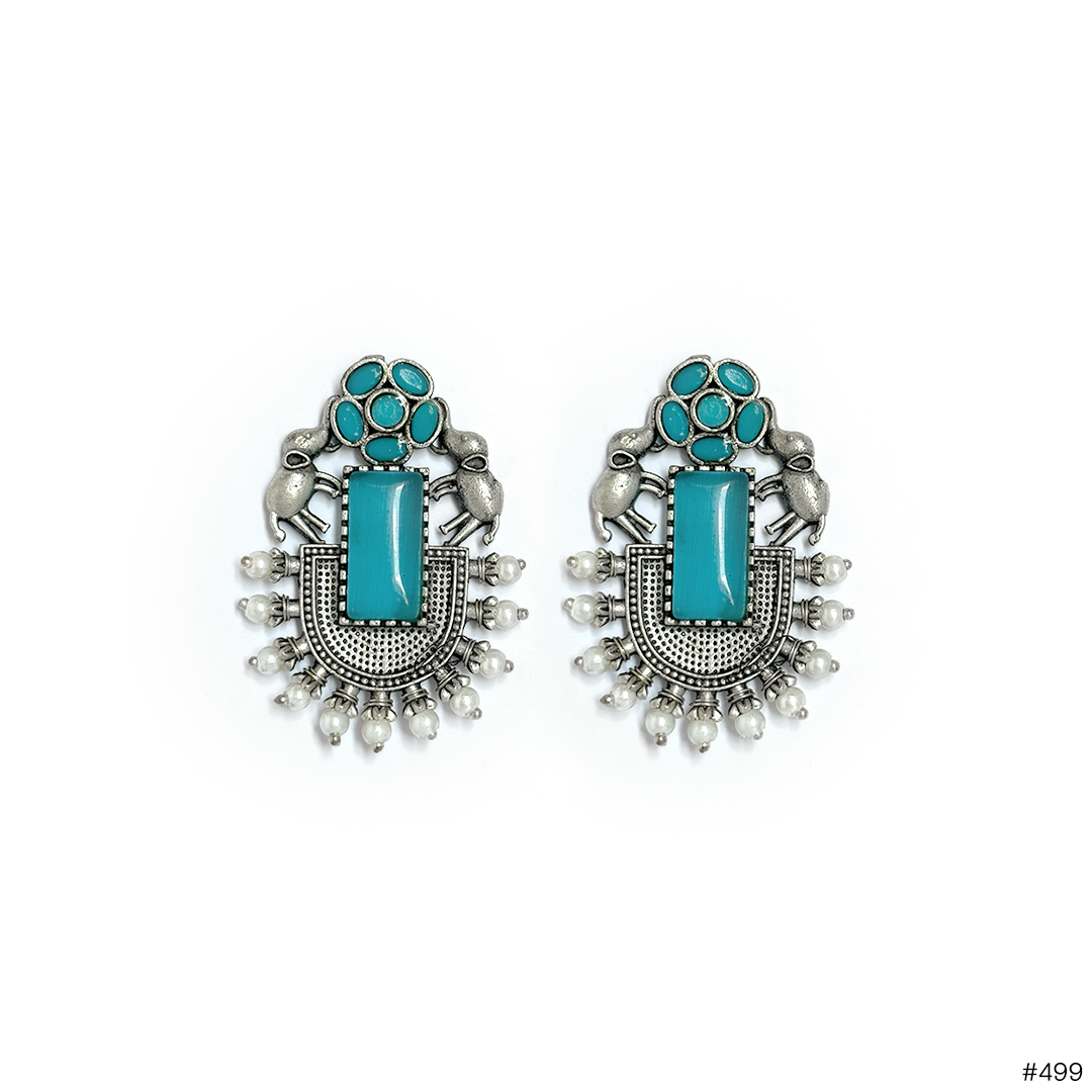 Silver Oxidized Elephant & Turquoise Earrings - Image 1