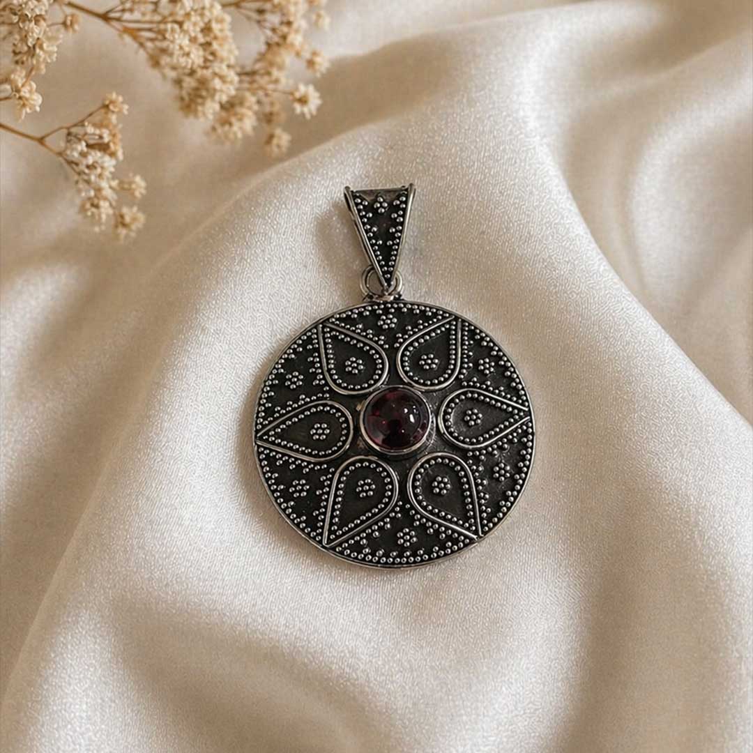 Vintage Garnet Red Mandala Pendant in Oxidized Silver