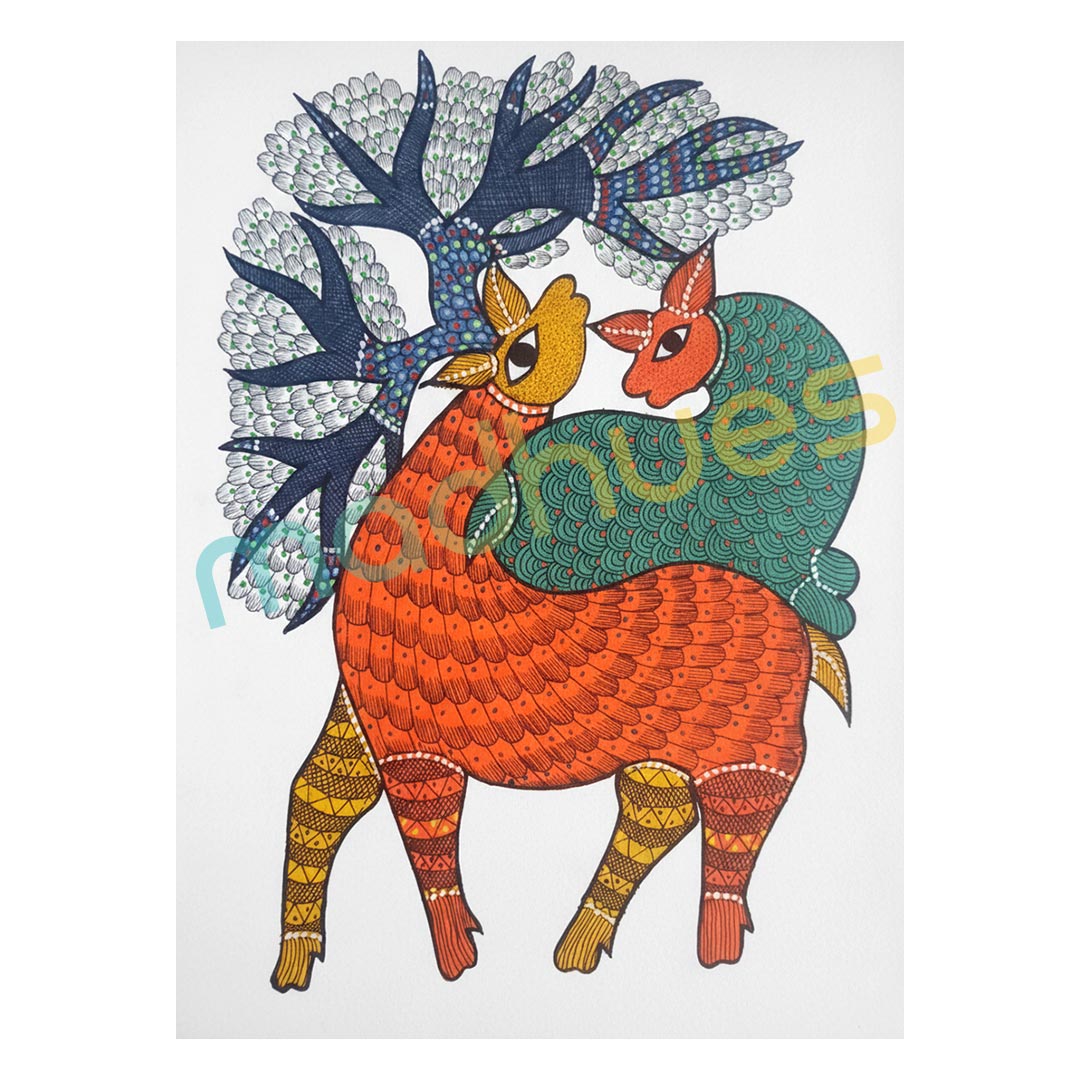 Gond Art Deer Painting on Paper - Authentic Tribal Folk Art