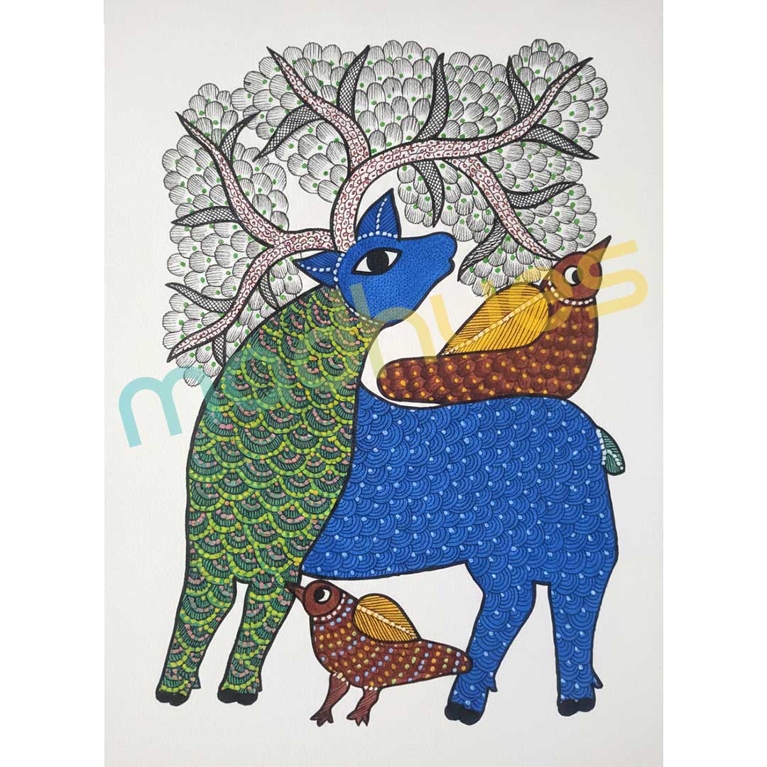 Gond Art Deer Painting on Paper - Unframed Tribal Folk Art