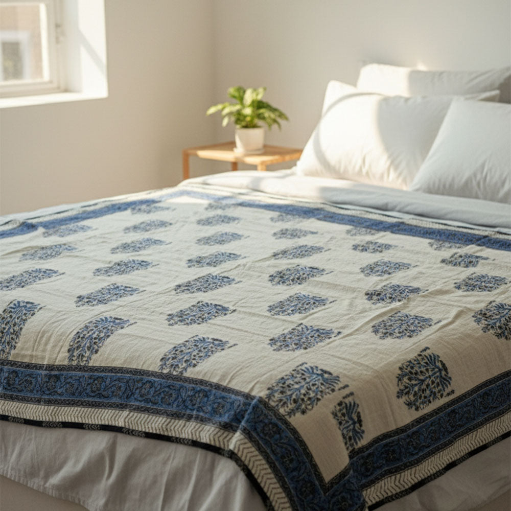 Indigo Floral Buti Block Print Blanket