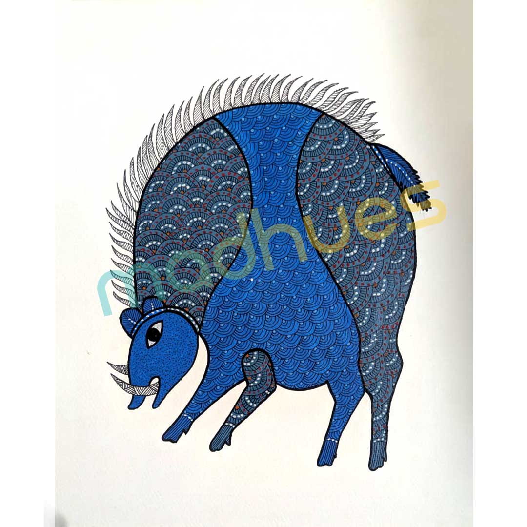 Blue Wild Boar Gond Art Painting on Paper