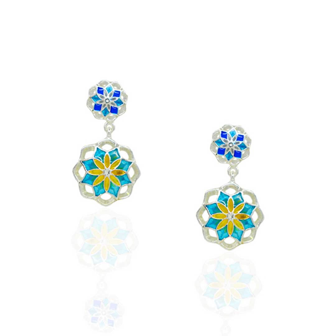 Vibrant Enamel Mandala Flower Drop Earrings in Silver