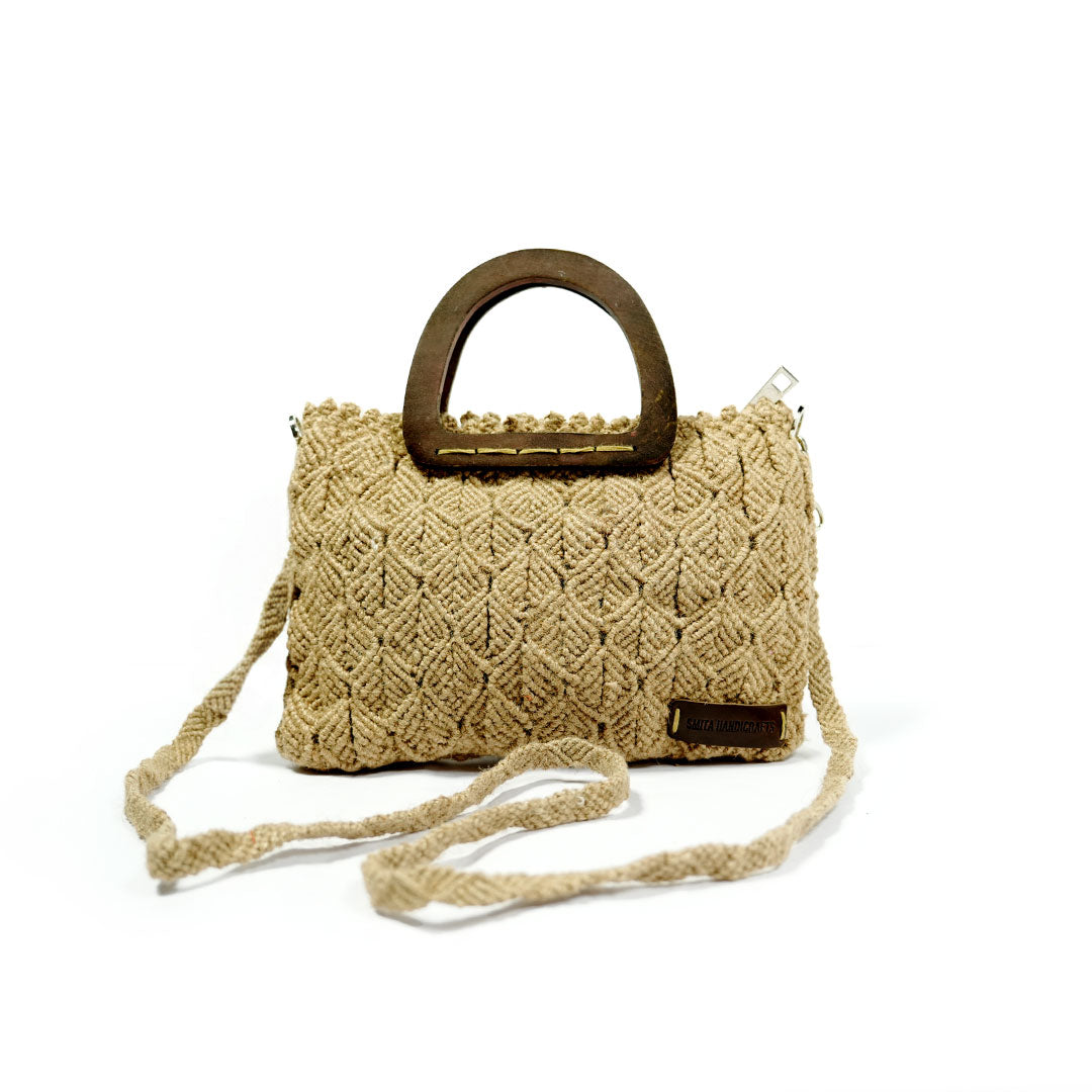 Jute Macrame Handbag with Wooden Handle & Shoulder Strap