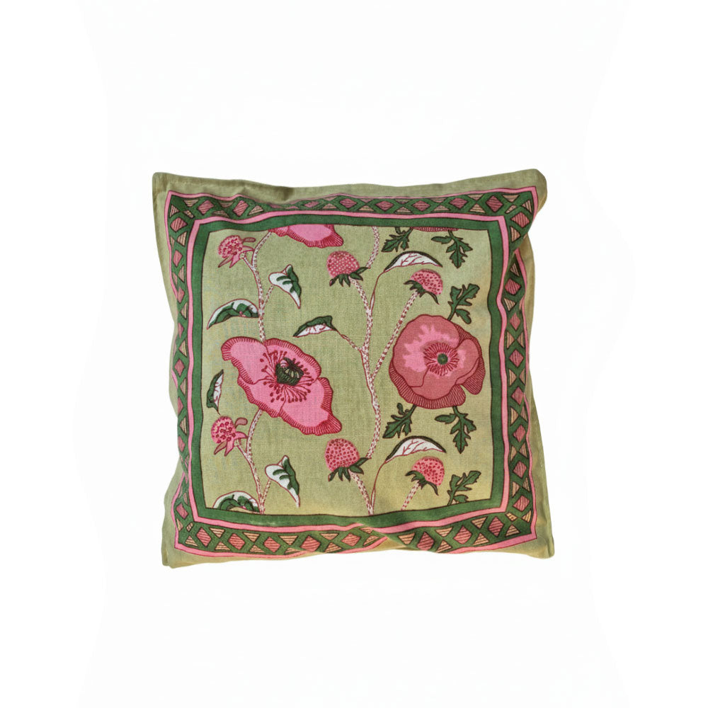Sage Green Poppy Block Print Cushion Cover Set of 2 - Madhues