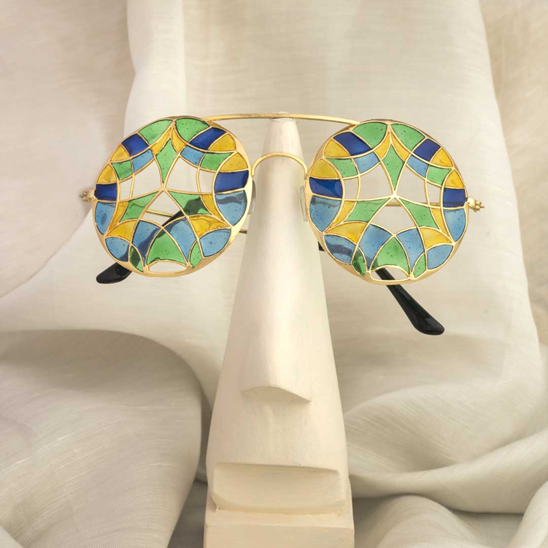 Geometric Stained Glass Round Sunglasses in Gold Tone