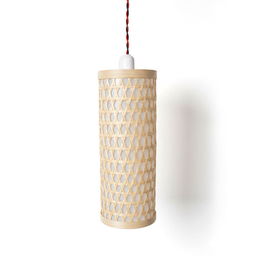 Pendant light with woven wooden shade on a white background