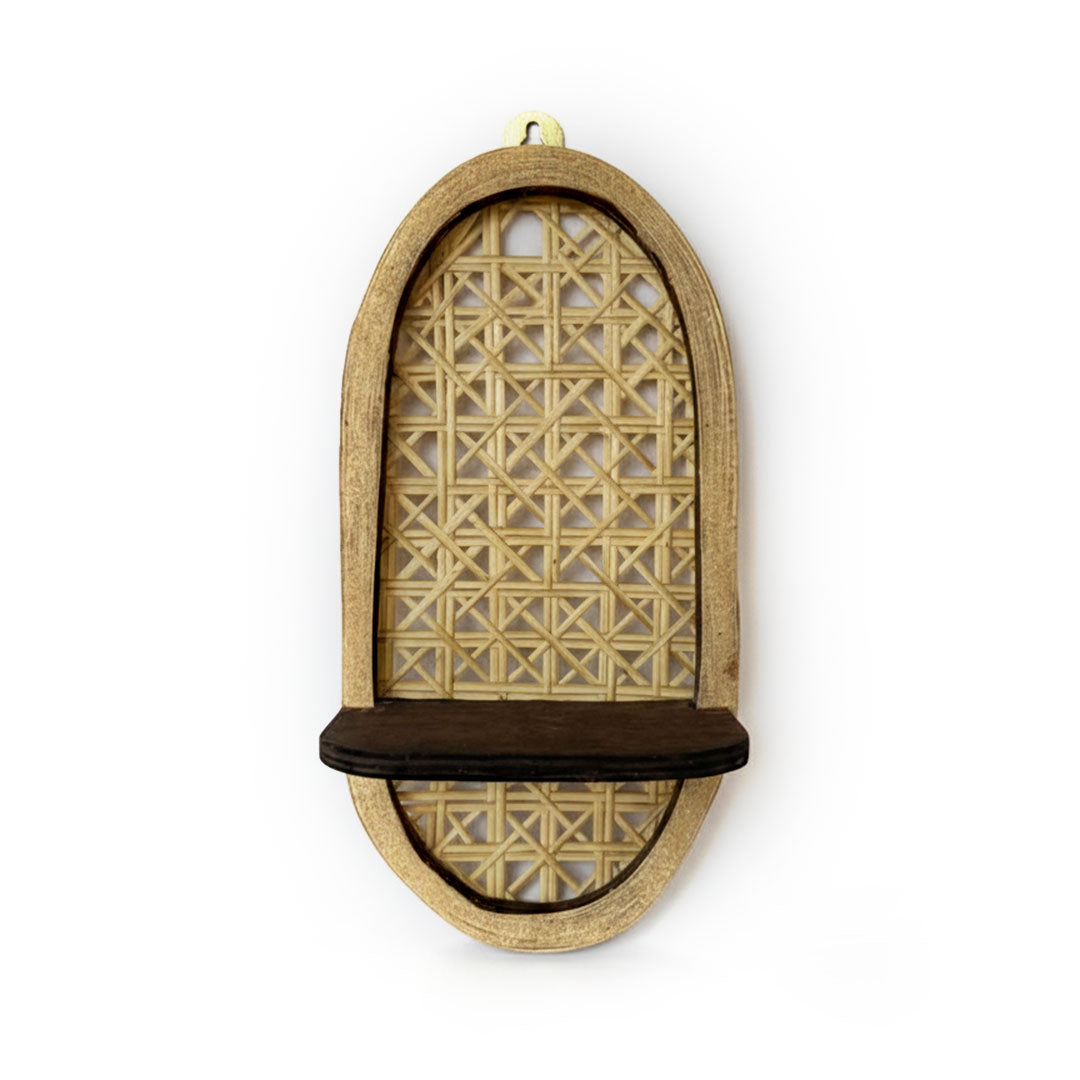 Oval Rattan Webbing and Dark Wood Wall Shelf