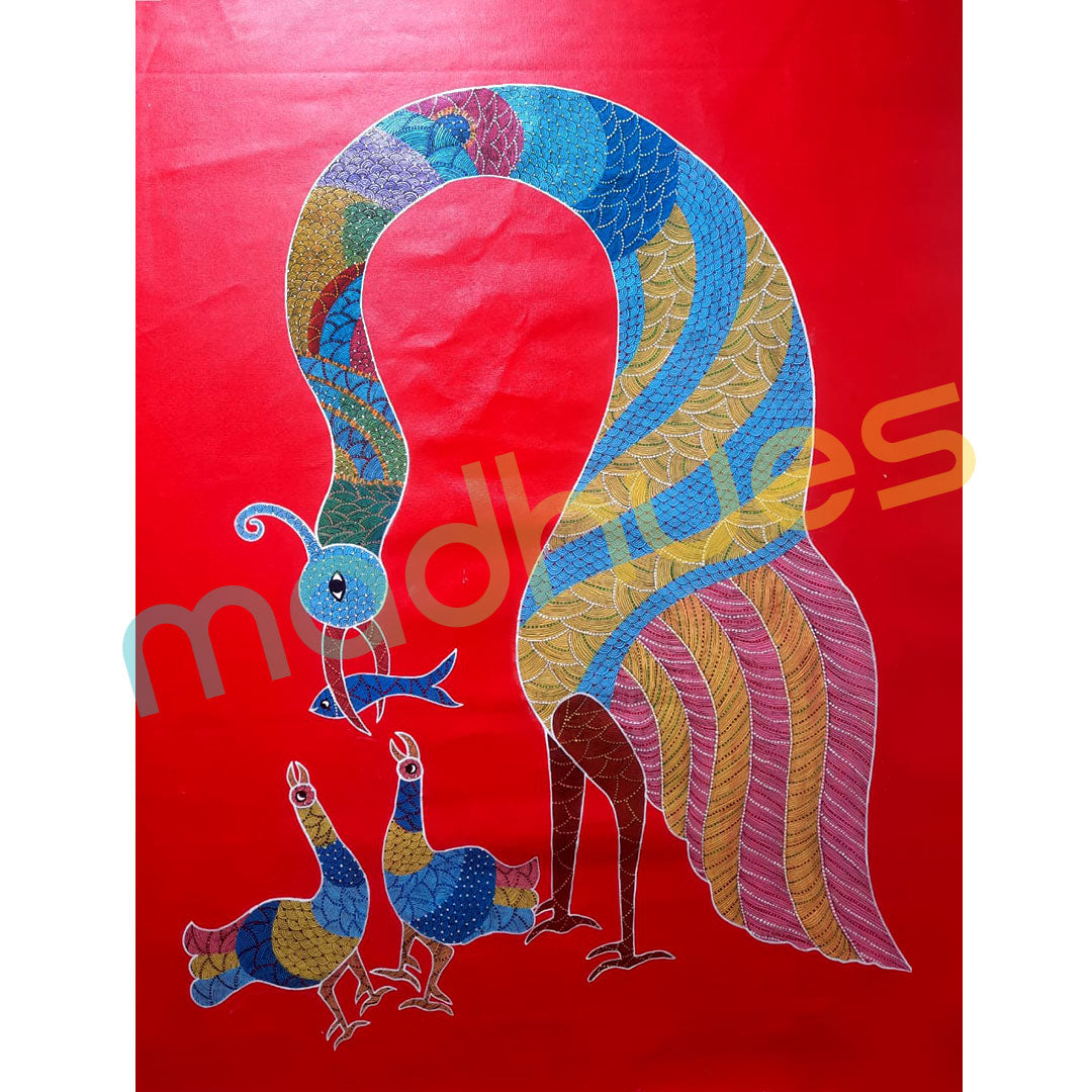 Mother Bird Feeding Chicks Gond Art Painting on Paper