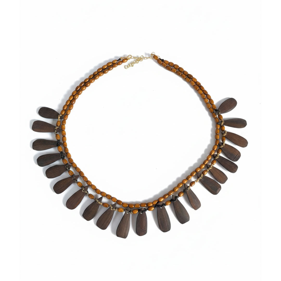 Double-Strand Wooden Bead Necklace with Paddle Charms