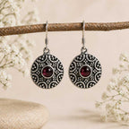 Handcrafted Garnet Red Mandala Drop Earrings in Oxidized Silver