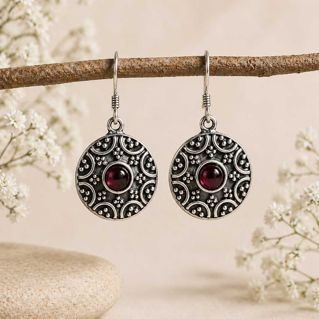 Handcrafted Garnet Red Mandala Drop Earrings in Oxidized Silver