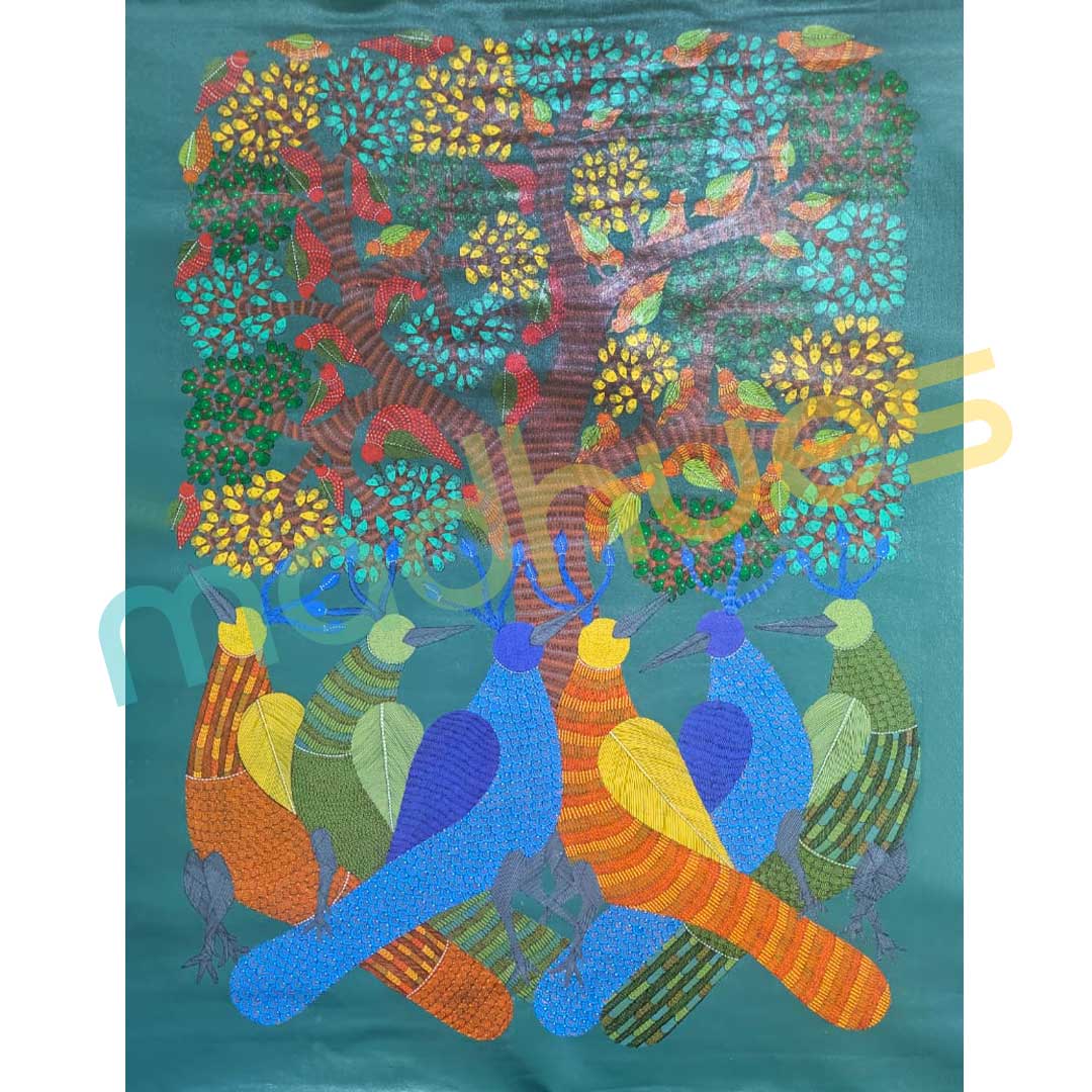 Hand-Painted Gond Art Bird & Tree Paper Painting