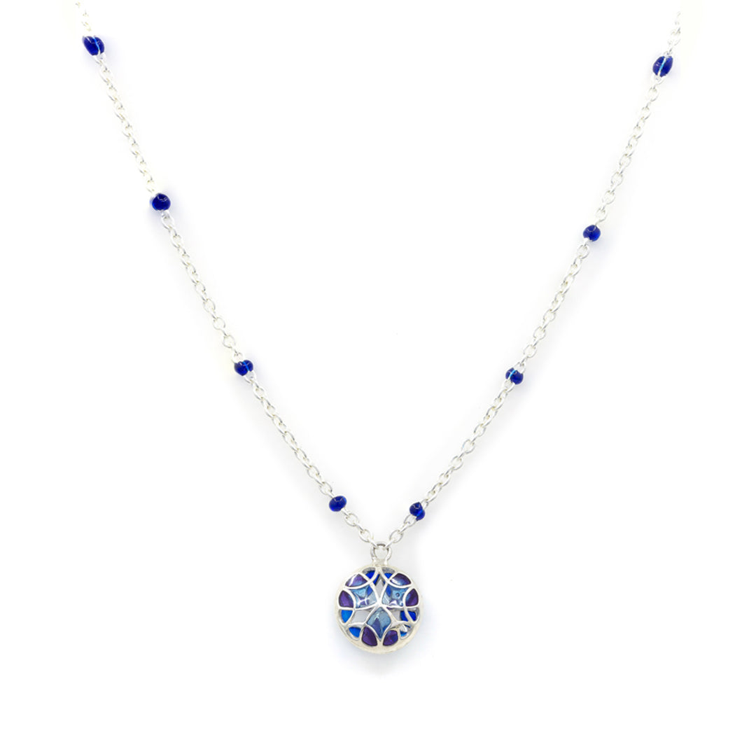 Silver Bead Chain Necklace with Blue Mosaic Enamel Pendant