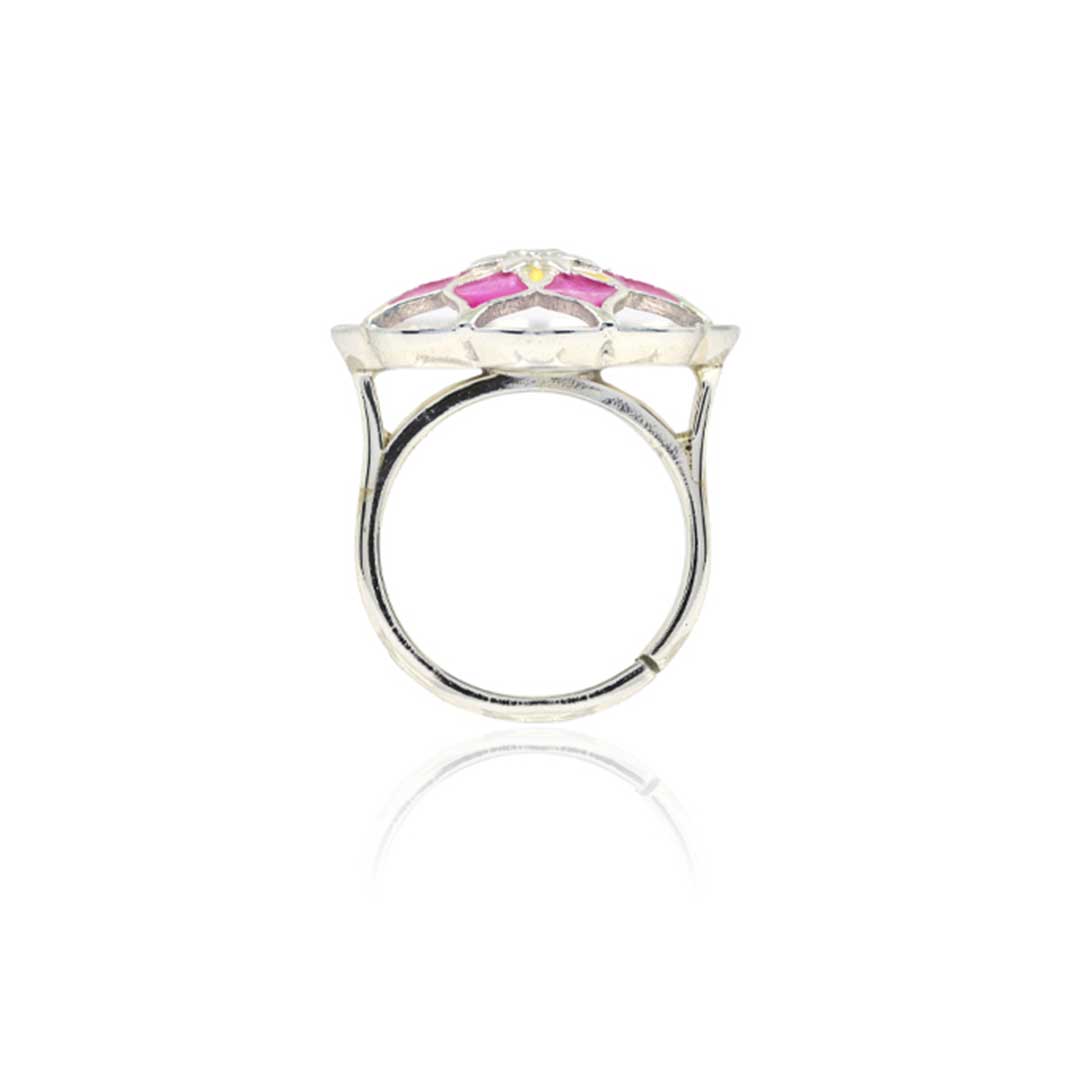 Handcrafted Pink Enamel Floral Mandala Silver Ring