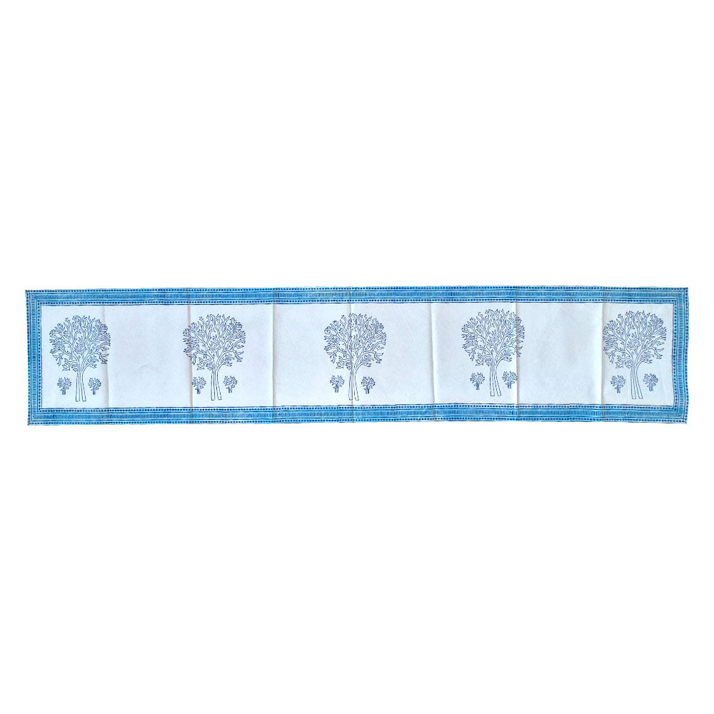 Indigo & White Tree Motif Bagru Block Print Cotton Table Runner - Madhues